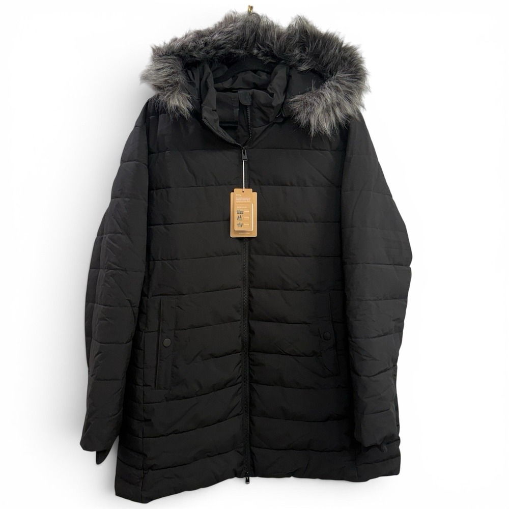 Wantdo Women's 2X Black Winter Puffer Coat Faux Fur Hood Long Warm Parka Jacket